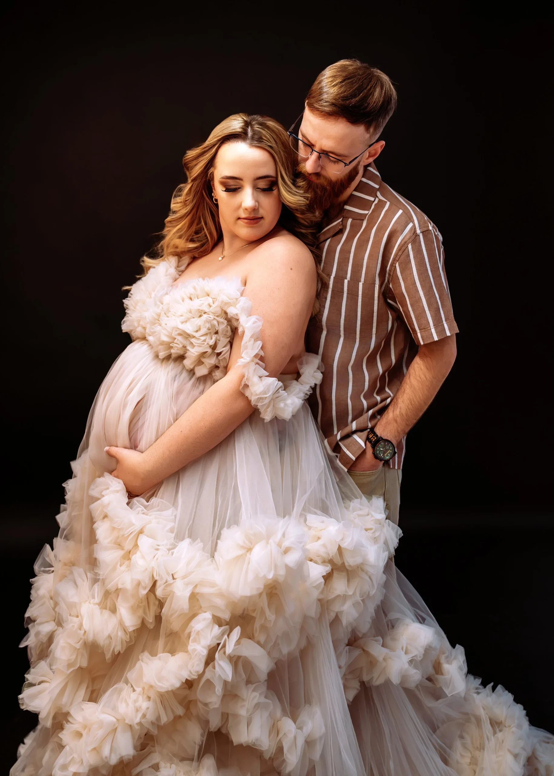 Pregnant couple at in-studio romantic gown Maternity Photography Session during with Two Wild Souls Photography